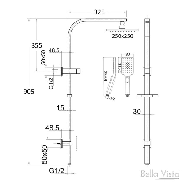 BELLA VISTA - Dual Shower Rail with Rain Fall Head - Square