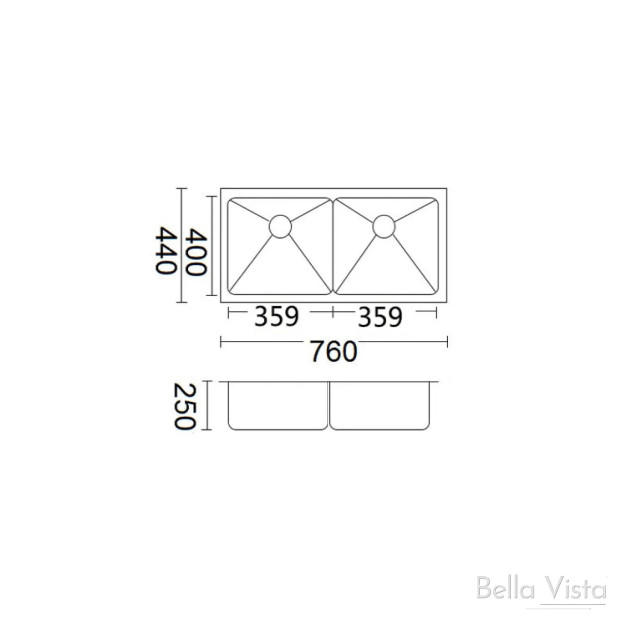 BELLA VISTA - Double Bowl Kitchen Sink - 760x440x250