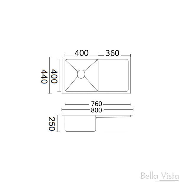 BELLA VISTA - PRADUS Luminare Single Bowl With Drainer Kitchen Sink - 800x440x250