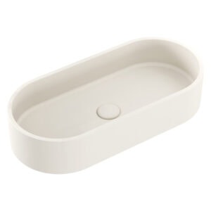 White oval bathroom sink basin with smooth finish and central drain.